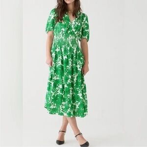 J. Crew | NWT Green Smocked Waist Midi Dress Greenhouse Floral Palm Print